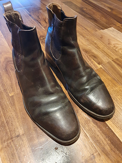 Pair of worn, brown Russell & Bromley mens Chelsea boots